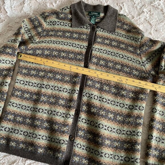 VTG Lauren Ralph Womens XL 100% Lambswool Fair Isle Cardigan Sweater Brown/Tan - Picture 5 of 9